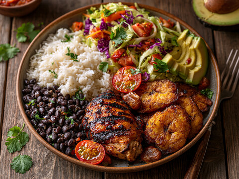 Costa Rican casado is a traditional meal of rice, beans, meat, plantains, salad and avocado, reflecting everyday Central American home cooking.