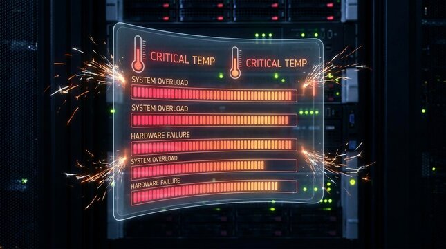 Holographic dashboard showing critical temperature and hardware failure in burning datacenter server rack
