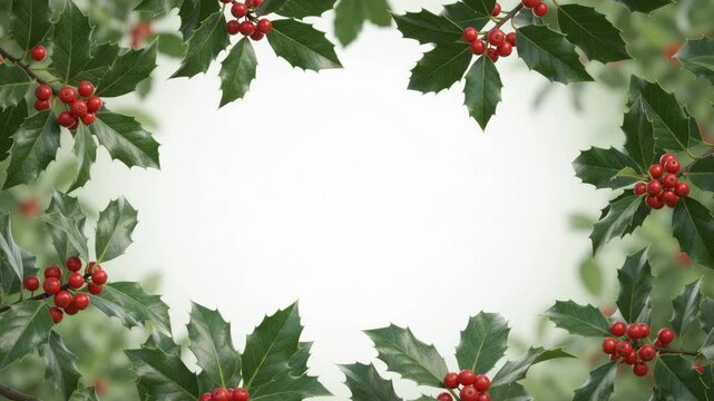 Vibrant red holly berries and green leaves forming a festive Christmas border on a white background, perfect for holiday designs.