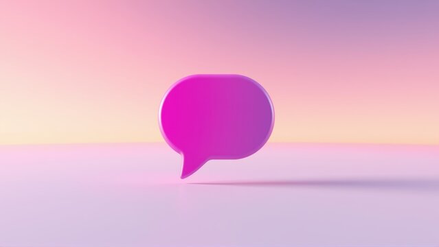 Pink speech bubble sits upon surface. Gradient background transitions from orange to purple. Minimalist design, soft lighting creates calm mood.