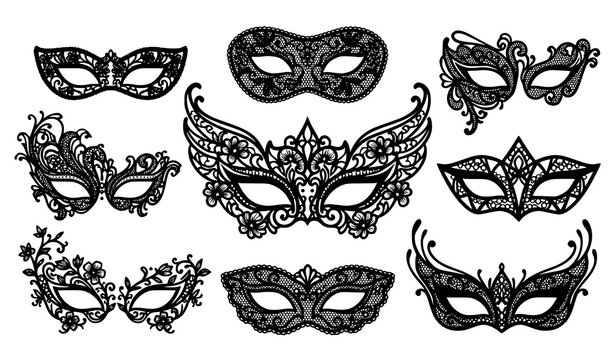 Elegant masquerade mask collection featuring ornate lace filigree carnival and Venetian style decorative silhouettes
