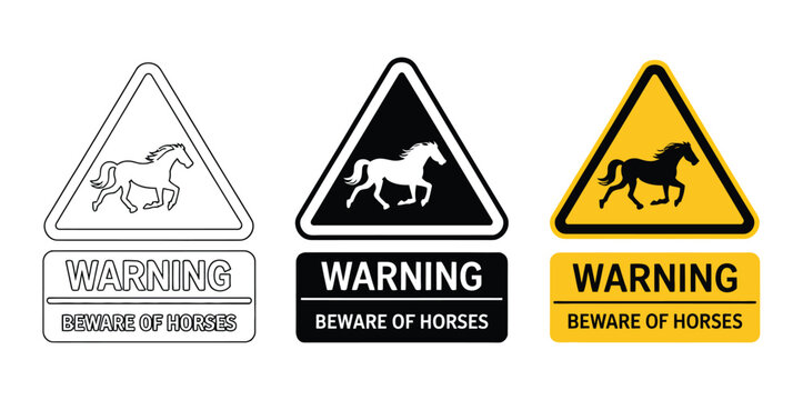 Warning sign beware of horses road icon set, minimalist flat outline glyph linear clipart sticker symbols, equestrian traffic safety warning collection