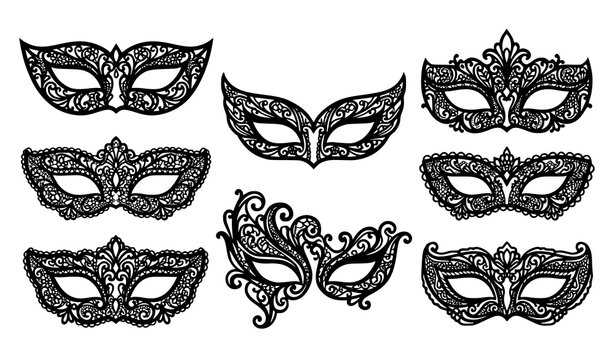 Hand drawn masquerade mask set featuring elegant ornamental lace designs for carnival party and costume themes