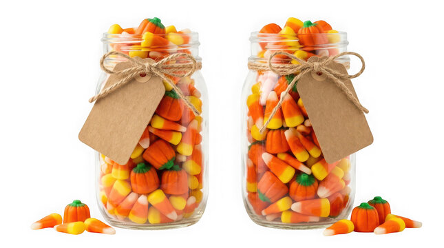 Two glass mason jars filled with candy corn and pumpkin candies isolated on transparent background