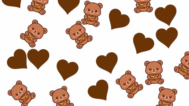 Cute teddy bear and heart pattern on white background