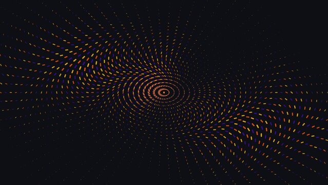 Golden and purple dash shapes arranged in a circular spiral pattern on a dark black background, creating a geometric radial halftone effect