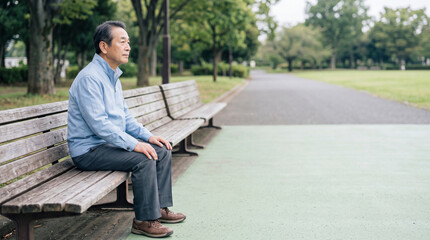Obraz premium 公園のベンチで一人静かに過ごすシニア男性