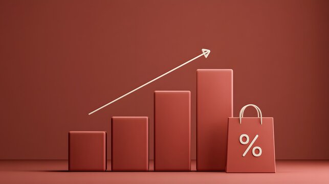 A 3D red bar chart with an upward growth arrow next to a shopping bag with a percentage sign. Illustrates rising consumer spending and retail growth trends.