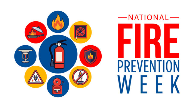 National Fire Prevention Week Banner with Flat Vector Icons of Fire Extinguisher, Smoke Detector, Alarm, and Safety Equipment on White Background