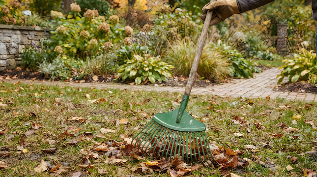 Person using a lawn sweeper to clean dry leaves in the yard illustration