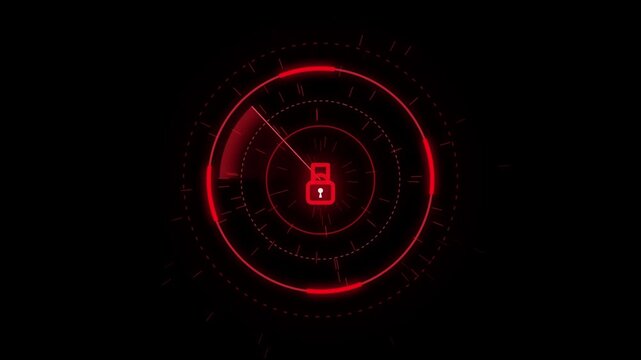 Abstract neon red cybersecurity HUD with rotating rings and padlock icon interface seamless loop on futuristic tech background