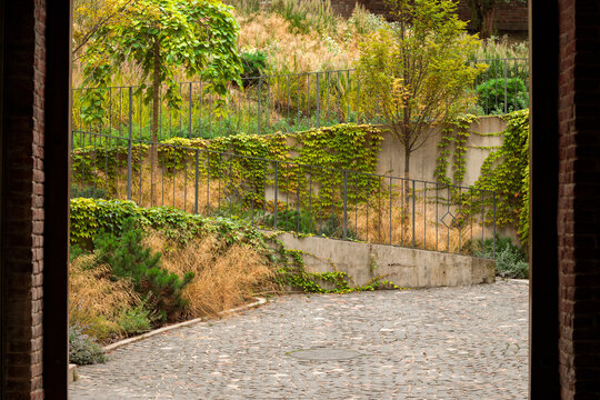 The tranquil outdoor space features tiered concrete retaining walls covered in climbing ivy and ornamental grasses viewed through a brick archway