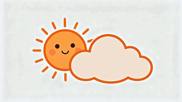 Cartoon smiling orange sun and cloud on white background
