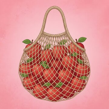 Fresh red apples packed in rope string bag illustration over pink textured background design.