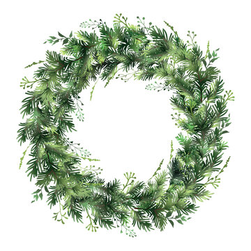 Fluffy green Christmas wreath vector illustration. Decorative winter holiday spruce pine branch round frame isolated on white background.
