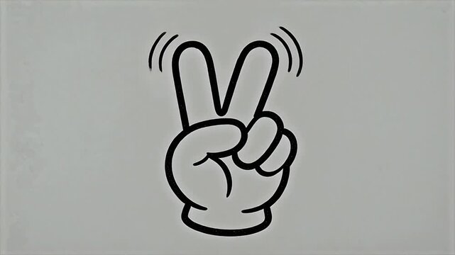 Black and white line drawing of a hand showing a peace sign on a plain background