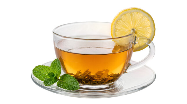Refreshing cup of tea with lemon slice and mint leaves on white background