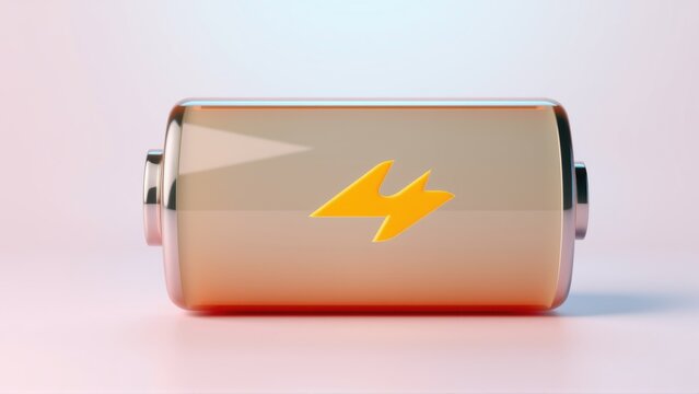 Orange battery displays energy level. Bright lightning bolt symbol indicates power. Minimalist studio shot, soft lighting, simple background.