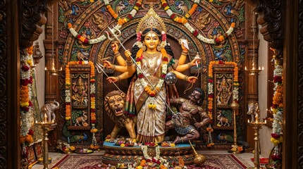 Obraz premium Goddess Durga with Multiple Arms and Traditional Weapons in a Dramatic Dark Temple Setting