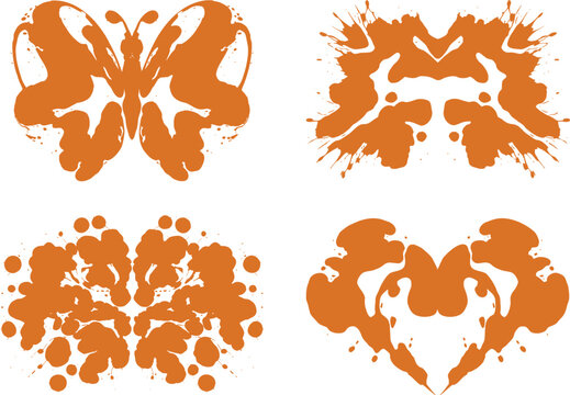 Symmetrical orange ink blots representing psychological rorschach tests with butterfly and heart shapes for creative design concepts