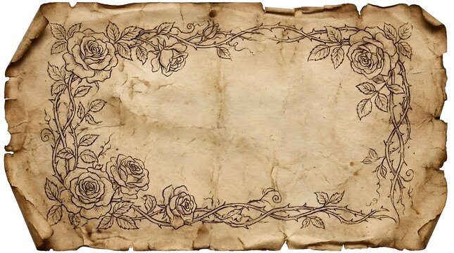 Aged vintage paper scroll with hand drawn rose floral border and torn edges on white background.