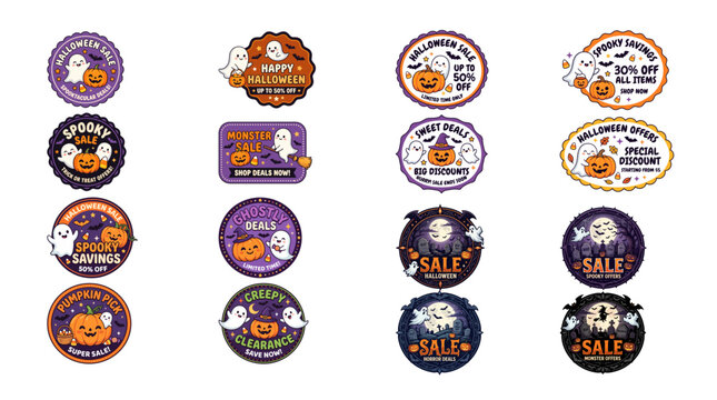 Halloween Sale Badges and Stickers Set with Cute Ghosts, Pumpkins, and Bats for Autumn Holiday Promotion and Discount Labels
