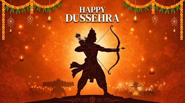 Happy Dussehra Greeting with Lord Rama Silhouette Holding Bow and Arrow