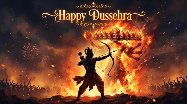 Happy Dussehra Festival with Lord Rama Silhouette and Burning Ravana Effigy