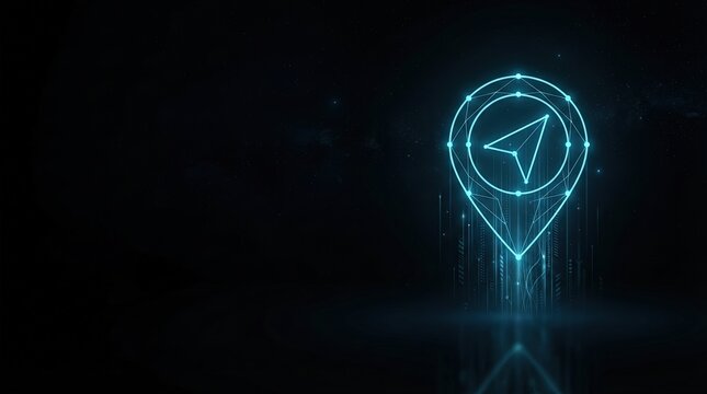 Striking 3D glowing blue wireframe pin symbolizes AI-driven digital navigation for futuristic tech, science, and innovation projects with dark space background.