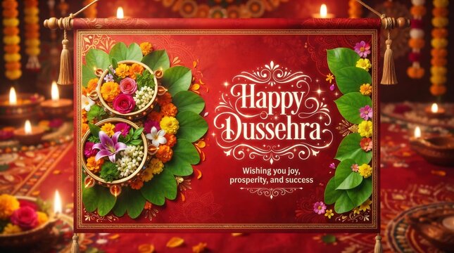 Happy Dussehra Greeting with Traditional Indian Sweets and Festive Decorations