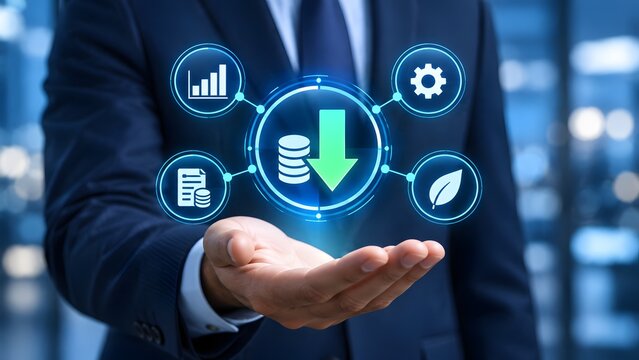 Cost reduction efficiency concept professional holding glowing downward arrow interface surrounded by financial document graph and eco icons