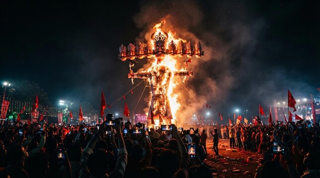 Dussehra Festival Celebration with Burning Ravana Effigy at Night in India