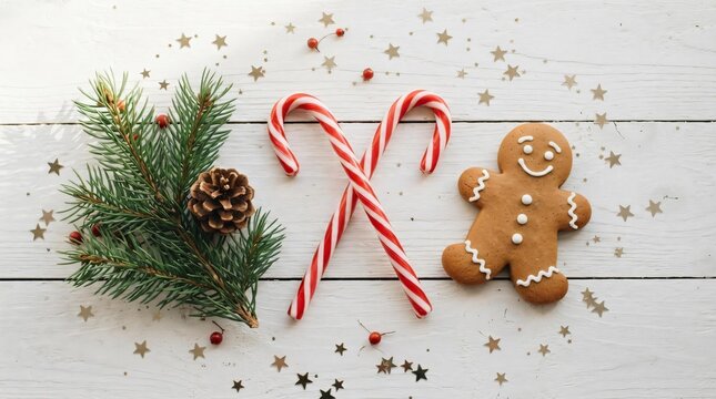 Christmas Candy Canes with Gingerbread Man, Pine Cone and Evergreen Branch