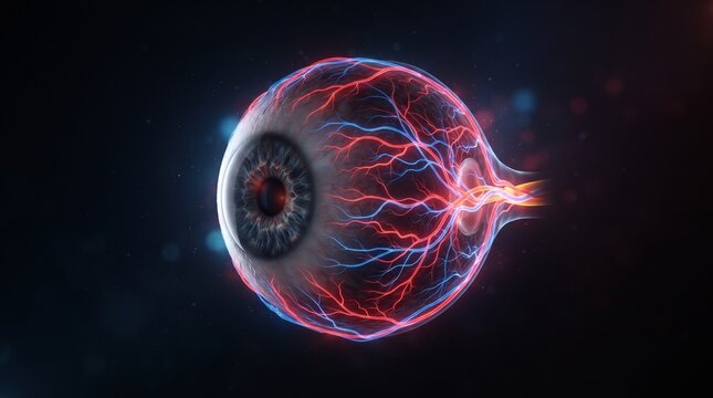 Detailed 3D render of a human eyeball displaying red and blue blood vessels and optic nerve connection on a dark background