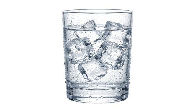 Glass of ice water with condensation on white background