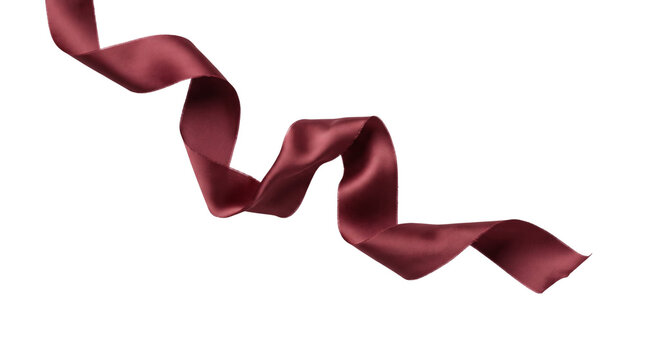 Elegant burgundy satin ribbon with wavy curves, luxurious maroon silk fabric strip for gift wrapping, decorative dark red textile swirl isolated PNG with Transparent Background