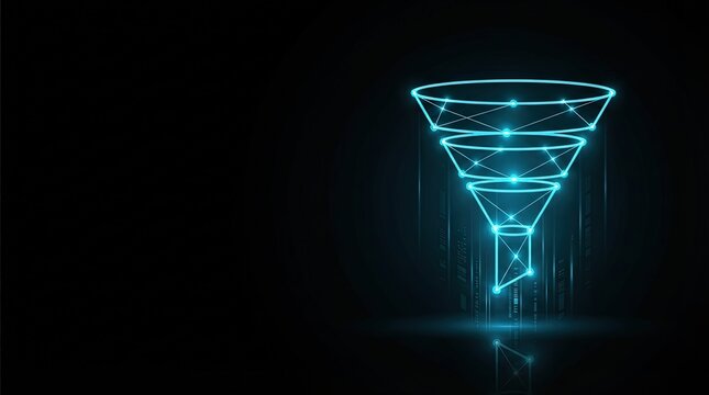 Striking 3D glowing blue wireframe funnel graphic symbolizing AI data processing, machine learning, and futuristic digital innovation against dark tech background perfect for high-tech projects