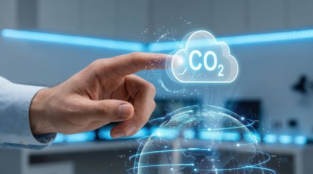 Hand points to digital cloud symbolizing carbon dioxide above glowing globe representing renewable energy source and zero carbon energy generation