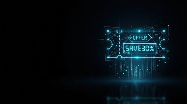 Striking 3D glowing blue digital ticket with 30% SAVE offer, futuristic wireframe design on dark tech background ideal for AI, innovation, and high-tech marketing visuals.