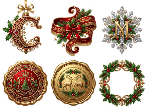 Vintage Christmas labels and wax seals, elegant gold holiday emblems, 6 festive design elements