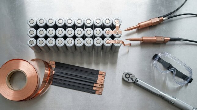 Lithium-ion battery cells, spot-welding electrodes, insulated busbars, torque wrench and copper foil rolls on a workbench