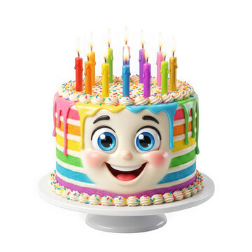 Cheerful rainbow birthday cake with a smiling face, lit candles, sprinkles, isolated on transparent background