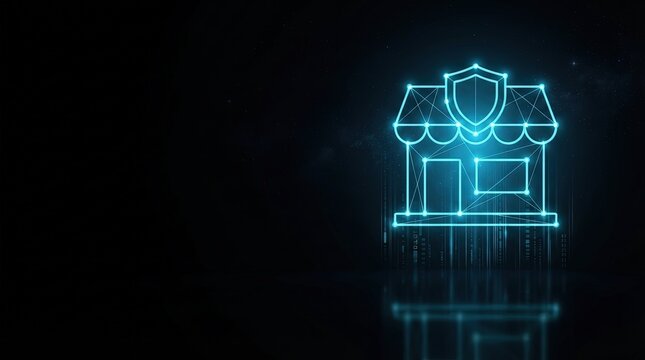 Glowing blue wireframe cyber-shielded storefront symbolizes AI-driven digital security, innovation, and high-tech innovation for tech, science, and futuristic concepts.