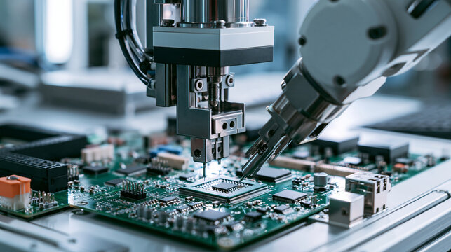 Automated machine arm performing precision soldering on electronic circuit board, symbolizing industrial robotics, smart factory automation, technology manufacturing, electronics engineering, artifici