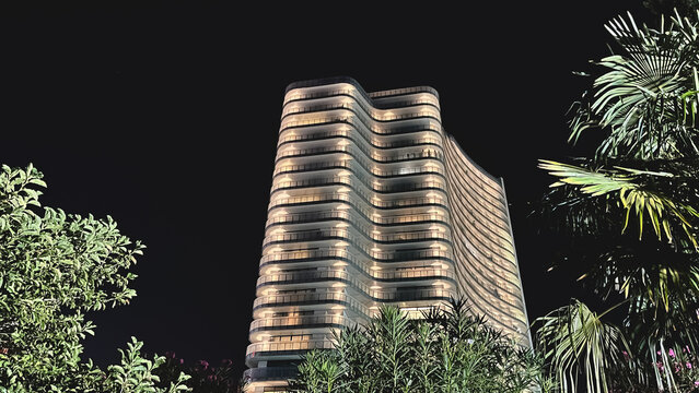 Hyatt Regency Sochi illuminated at night in Sochi, Russia