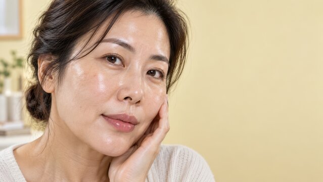 Young woman touching her cheek with a dewy glowing face and natural skin texture, looking at the camera in a bright indoor setting, wearing a white sweater against a warm yellow background