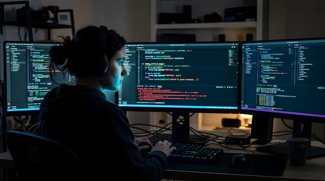Woman programmer coding on multiple monitors at night in home office, focused on software development and cybersecurity