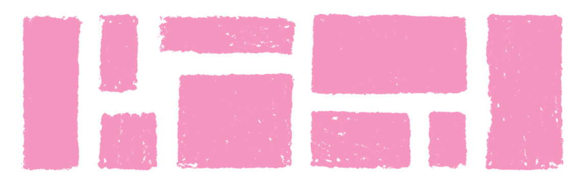 Pink grunge rectangles with distressed painted edges create versatile abstract frame collection on clean white background, ideal for feminine banners, labels, cards, posters and modern graphic layouts