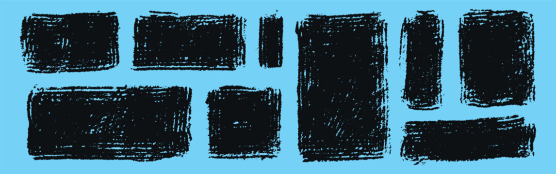Black grunge brush stroke rectangles create rough hand painted frames on blue background for banners labels posters collage layouts branding templates and expressive graphic design elements sets arts