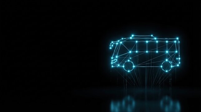 Glowing blue wireframe smart bus symbolizes AI-driven transport innovation, perfect for digital science, tech, and high-tech marketing with dark background space.